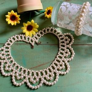 Mid-Century Faux White Pearl Lacy Collar Necklace & Bracelet - Vintage Bride